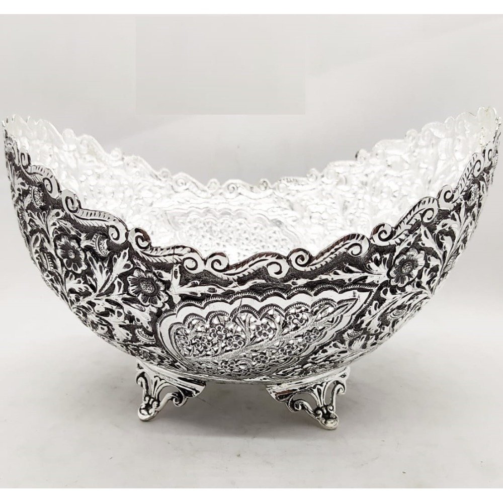 925 Pure Silver Designer Fruit & Flower Basket in Fine Carving Work.