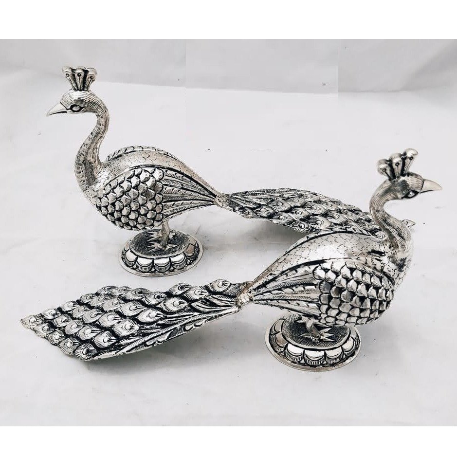 Pure silver peacock statues in fine carvings in antique po-174-38