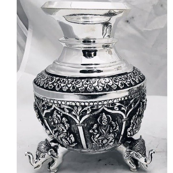 pure silver Astha lakshmi antique vase with hathi legs pO-168-03