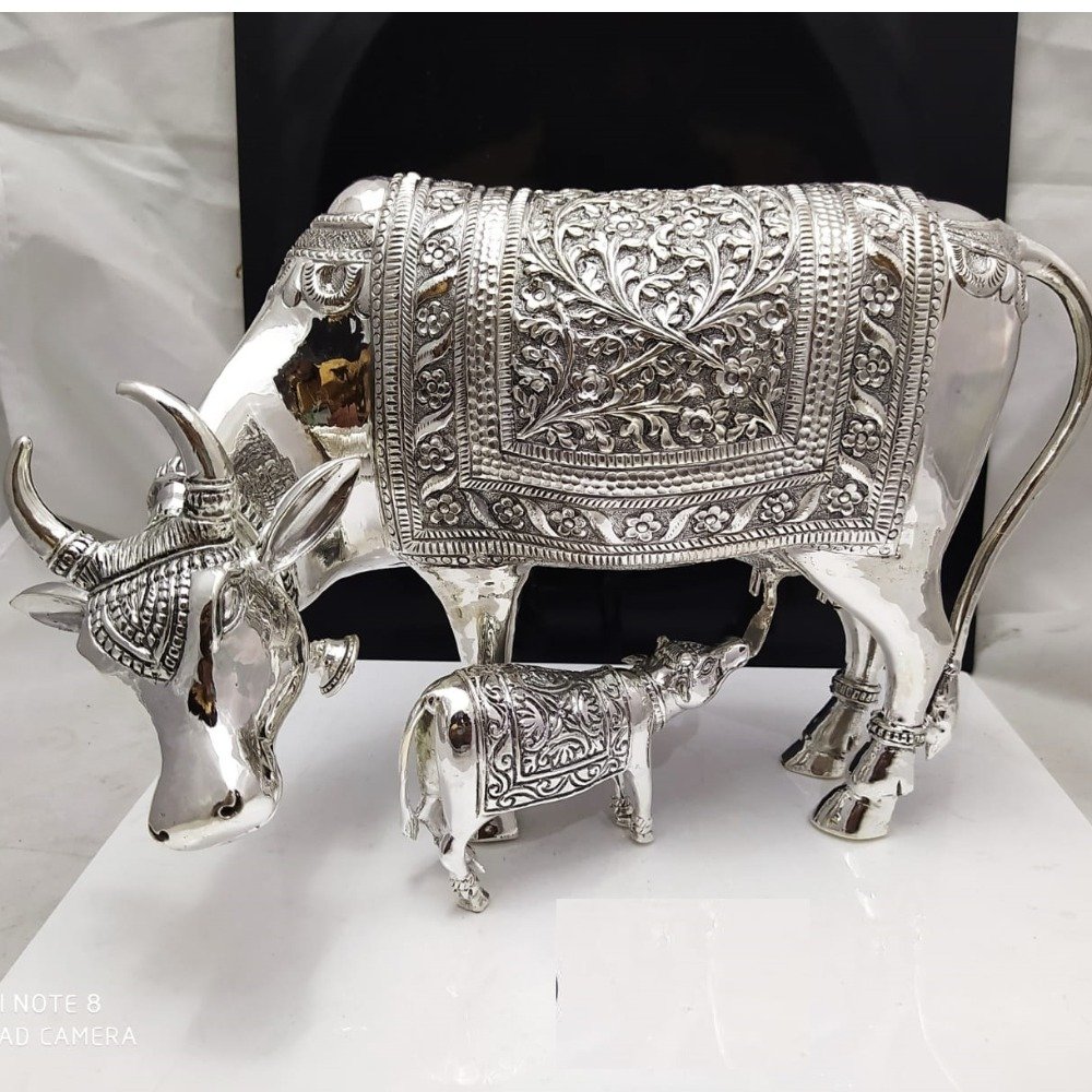 925 Pure Silver Cow & Calf In Antique Carvings PO-174-62