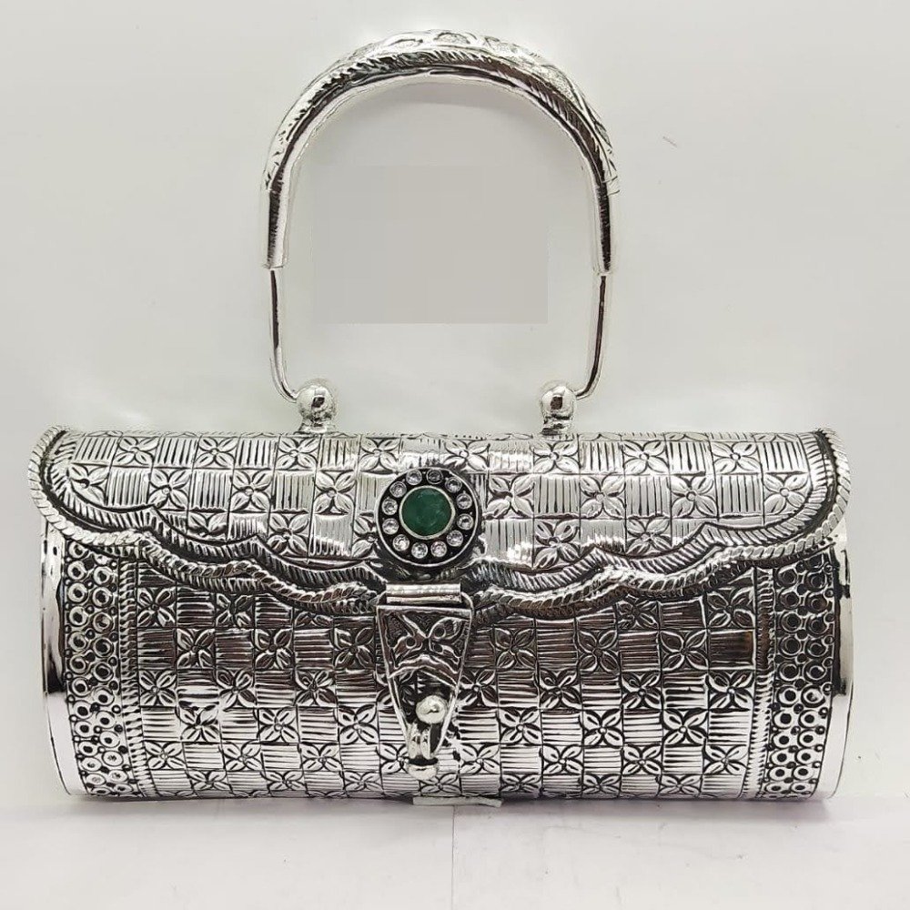 Pure silver clutch with handle in fine nakashi & gemstone po-164-18