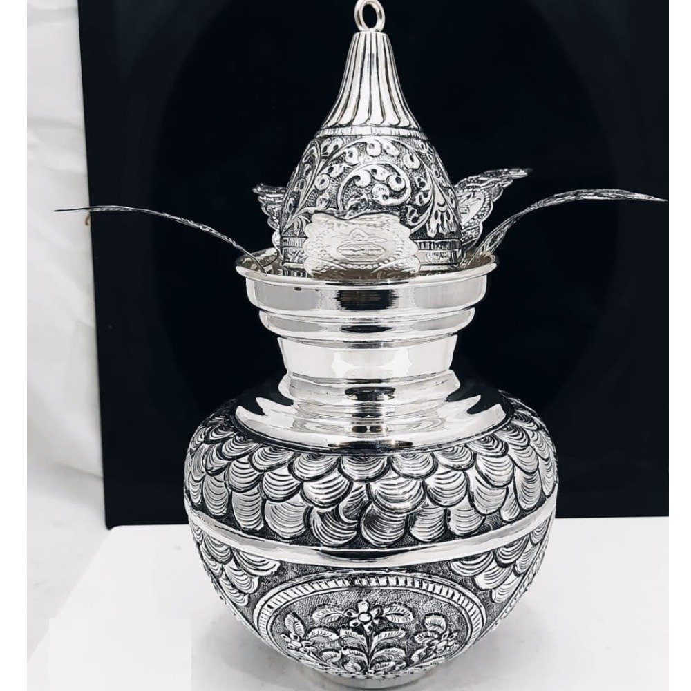 925 pure silver navrang kalash with nariyal in antique pO-165-12