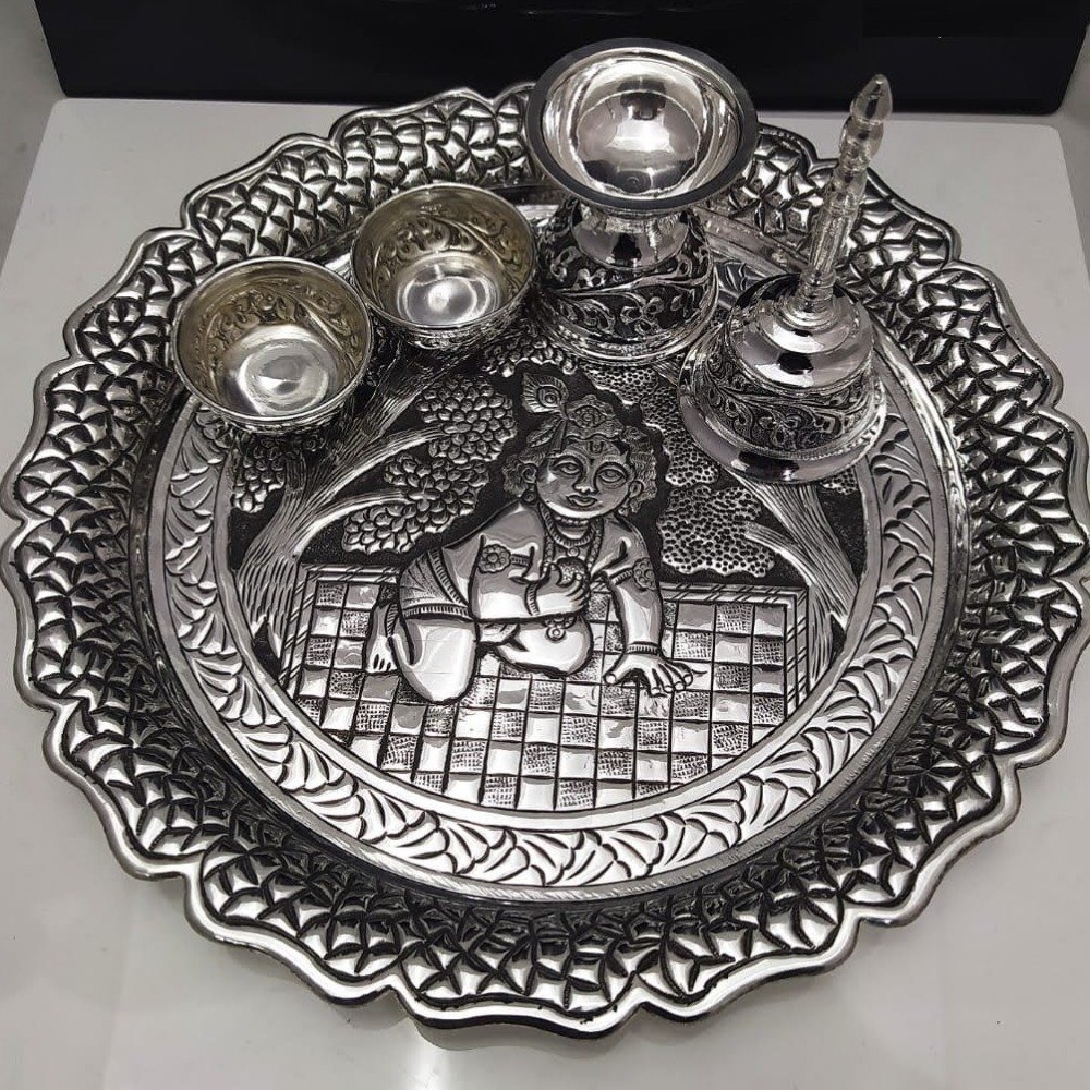 925 pure silver Light Weight antique pooja thali set work pO-263-03