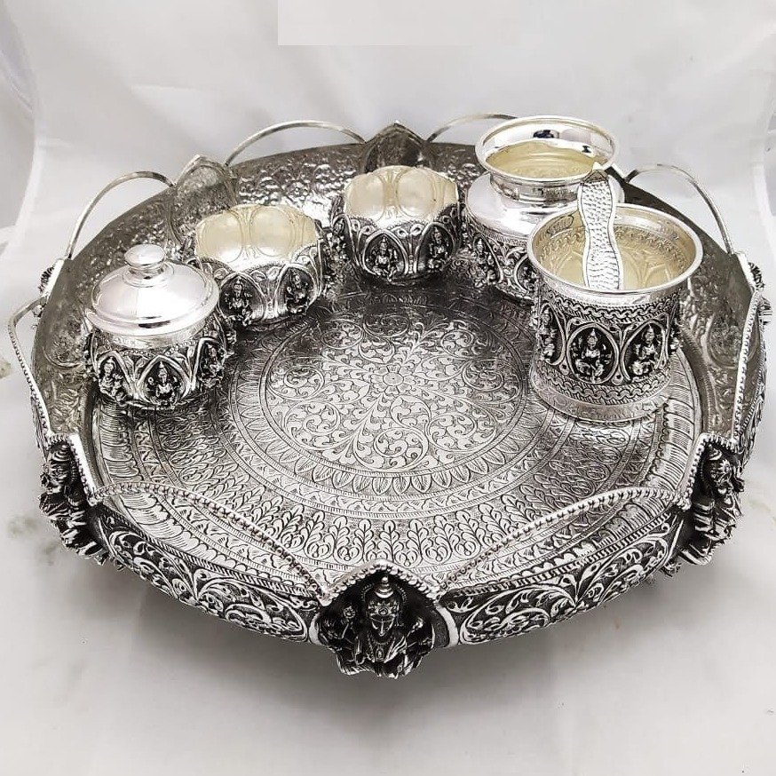 925 Pure Silver Antique Pooja Thali Set PO-263-11