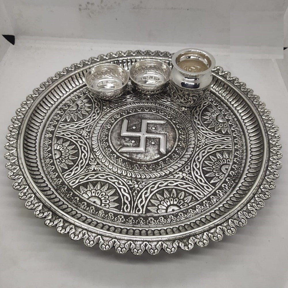 Maanniya real silver pooja thali set in Rangoli Motifs and swastik