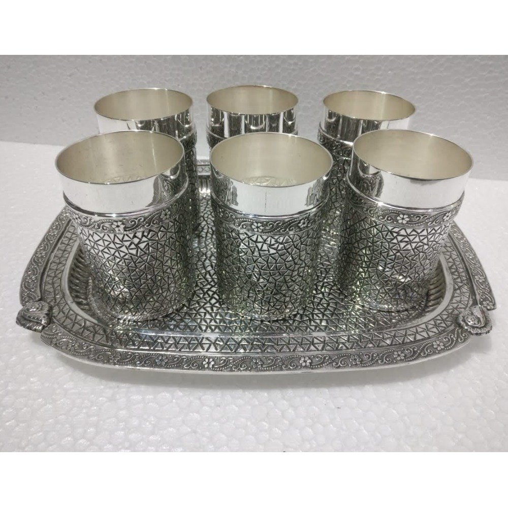 925 Pure Silver Stylish Glasses and Tray Set in Antique PO-170-01