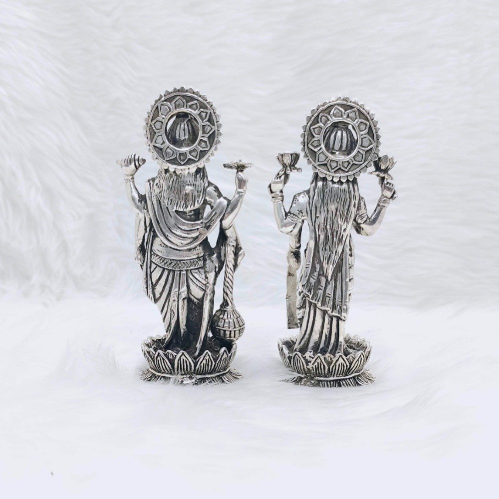 Sterling silver vishnu and laxmi ji idol in high antique finish work