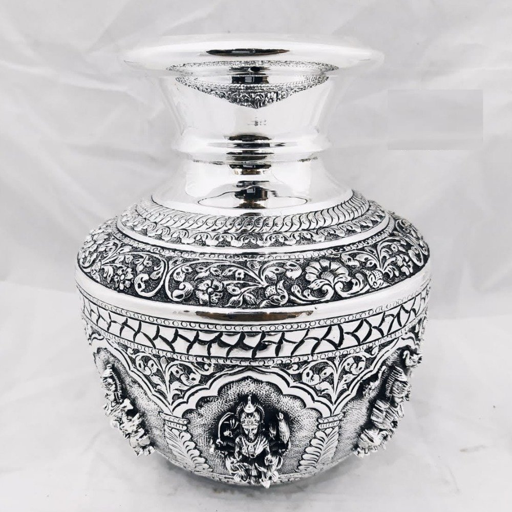 Pure Silver AstaLakshmi Kalash (Vase) in High Rise Carvings PO-168-09