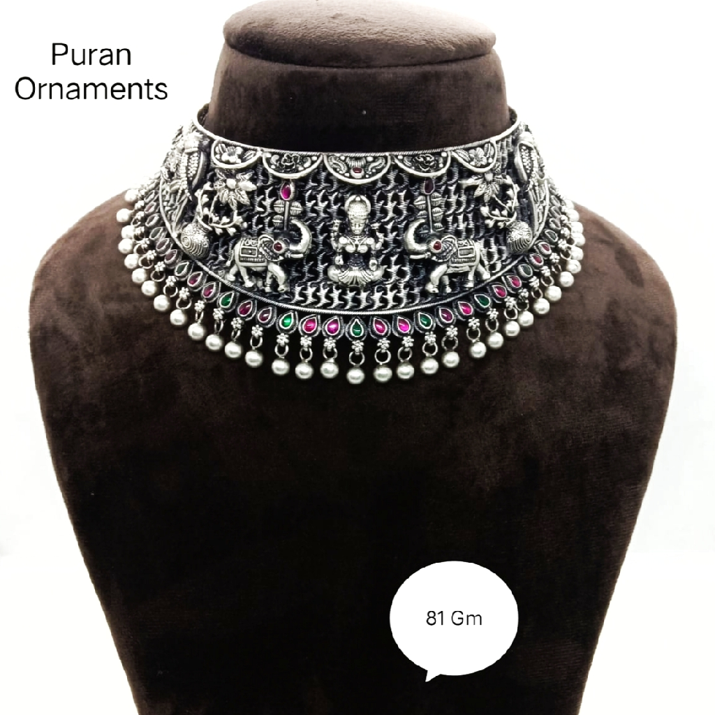 Pure silver  temple chokar necklace  with studded stone