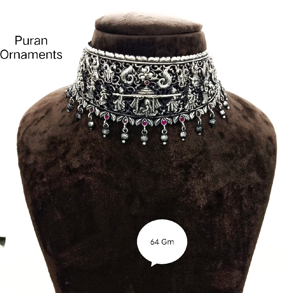 Pure silver temple chokar necklace in antique polish