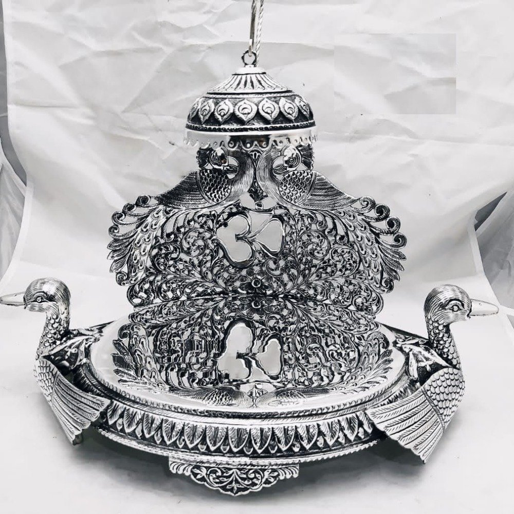 925 pure silver antique singhasan with ducks & peacock po-141-02