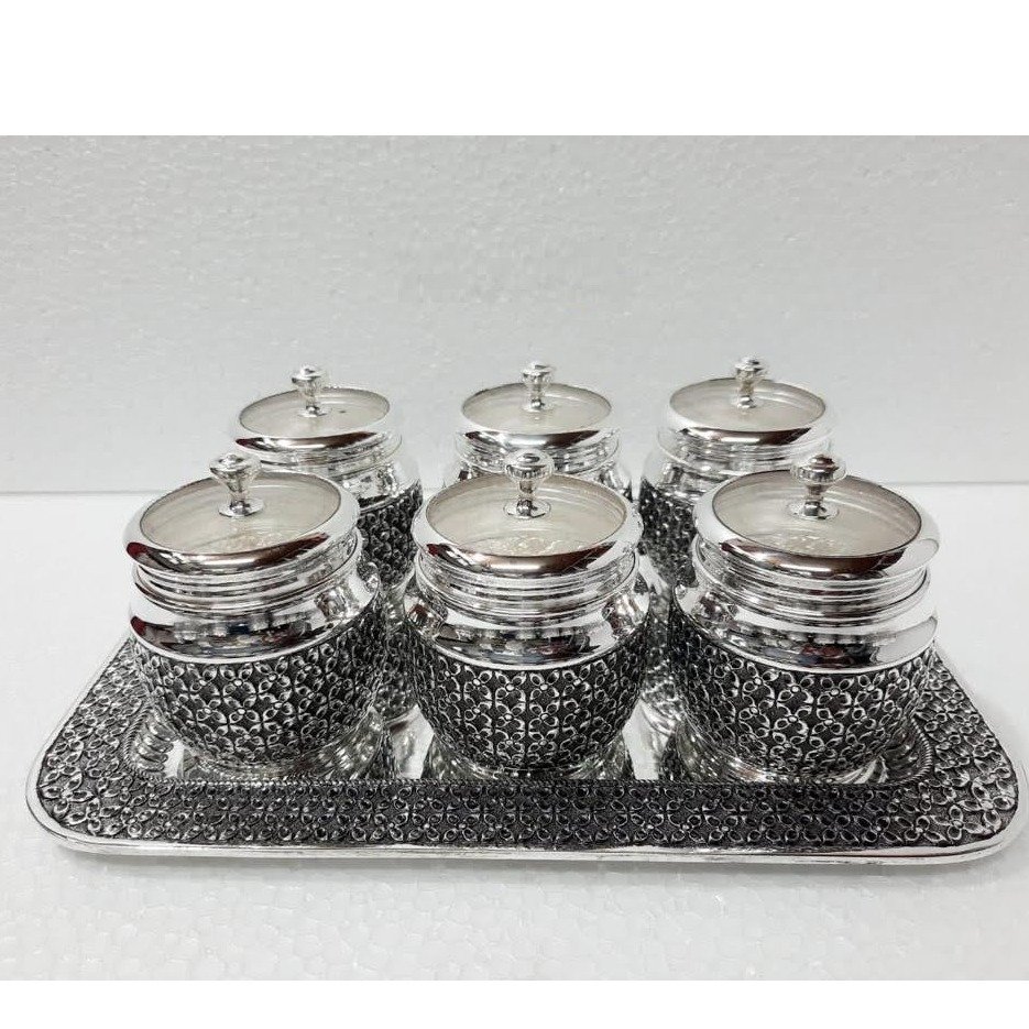 925 pure silver Stylish dry fruit boxes with tray 7pcs set pO-151-04