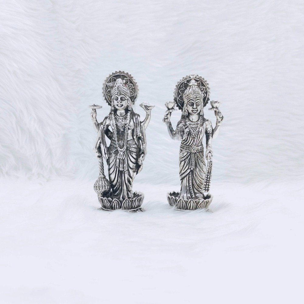 Sterling silver vishnu and laxmi ji idol in high antique finish work
