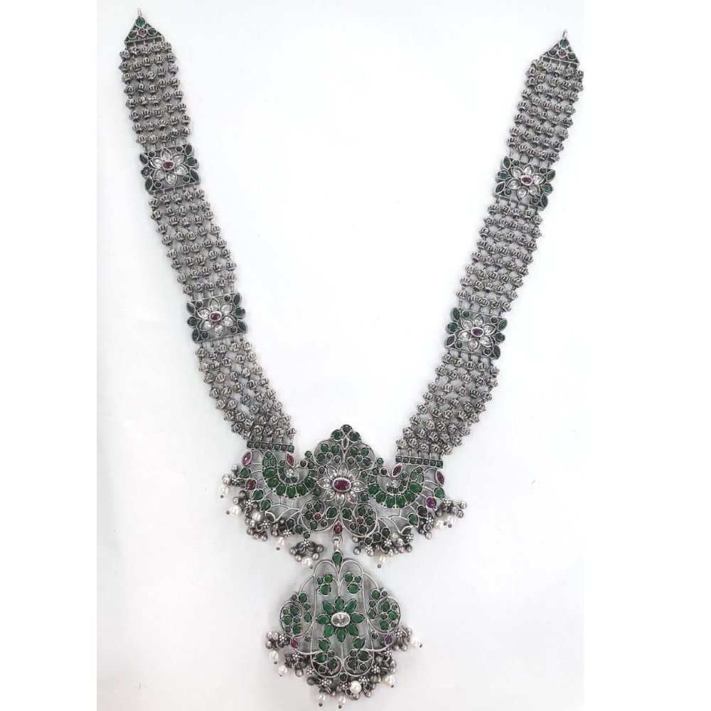 Pure silver temple haram necklace with gemstones po-216-44