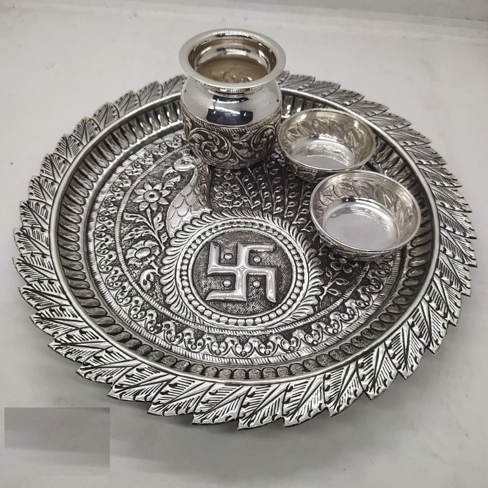 peacock motif aarta thal set in hallmark silver by puran