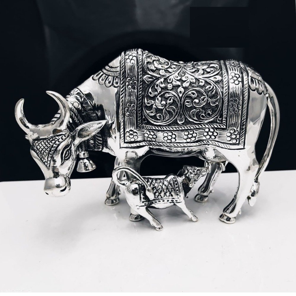 Pure silver cow & calf in Fine antique carvings po-174-29