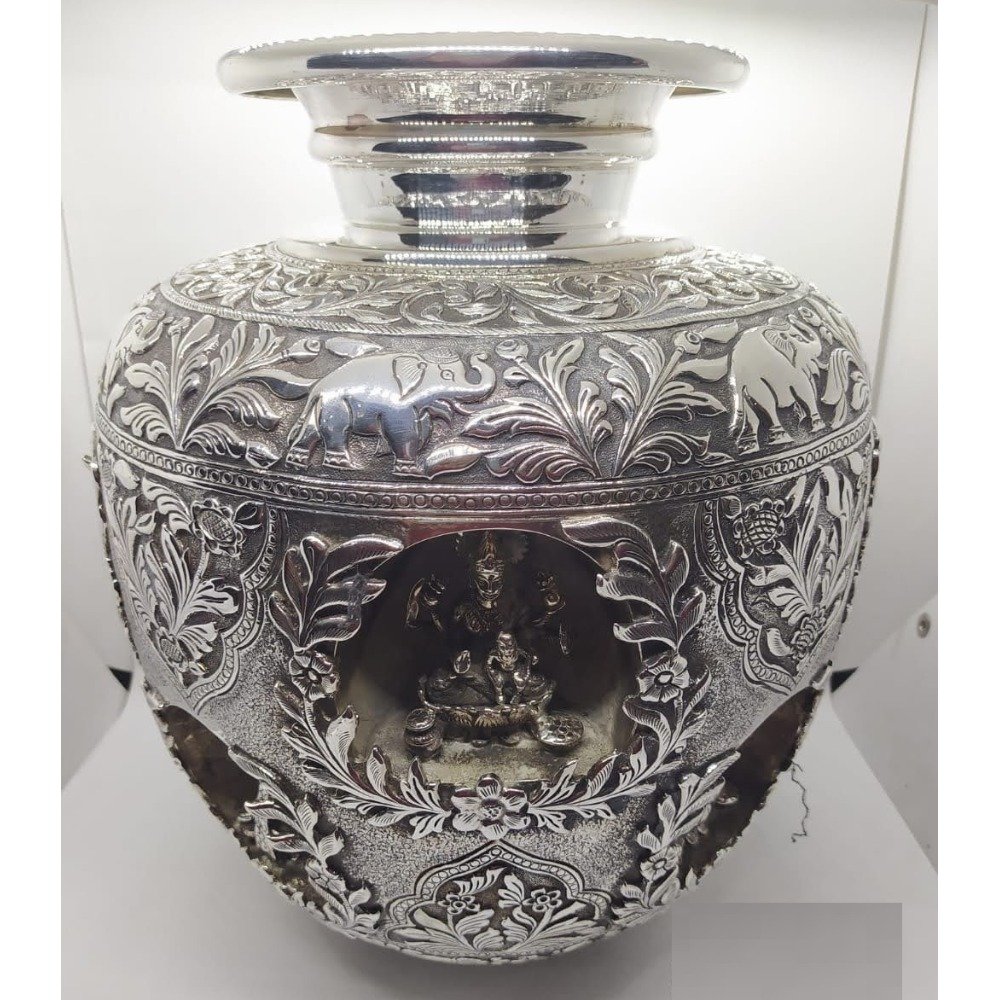 Pure silver Asthalakshmi vase in fine antique carvings po-168-07