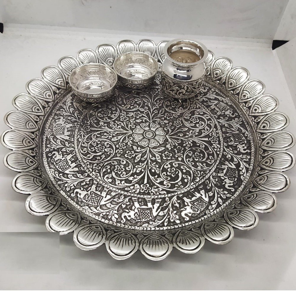 elephant motif pooja thali set in real silver antique work by puran