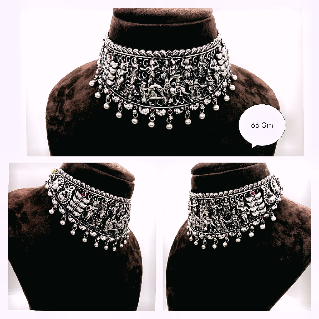 Pure silver  temple chokar necklace  with studded stone