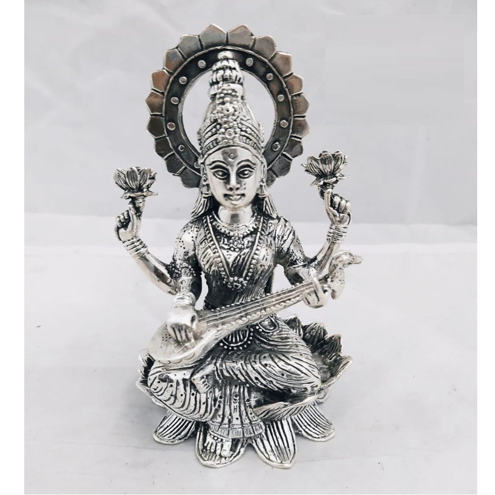 pure silver idol of saraswati Ji In Antique & Solid Finish PO-174-23